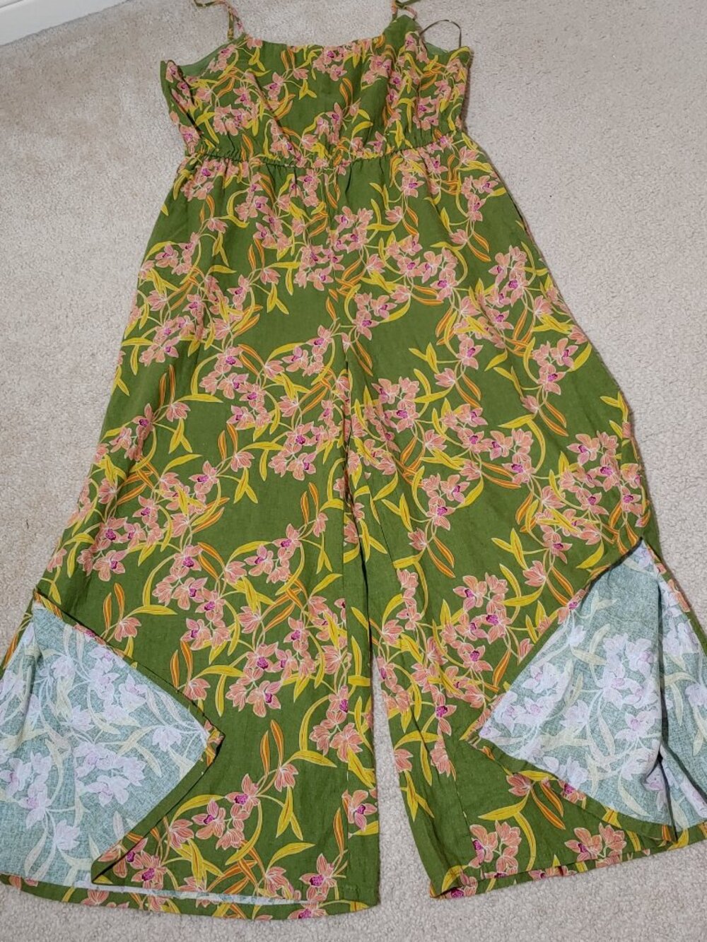 Rachel Zoe Linen Blend Spaghetti Straps Wide Leg Paisley Jumpsuit XL Green